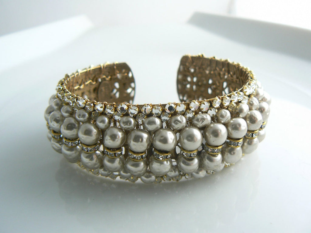Miriam Haskell Baroque Pearl and Rhinestone Cuff Bracelet - Vintage Lane Jewelry