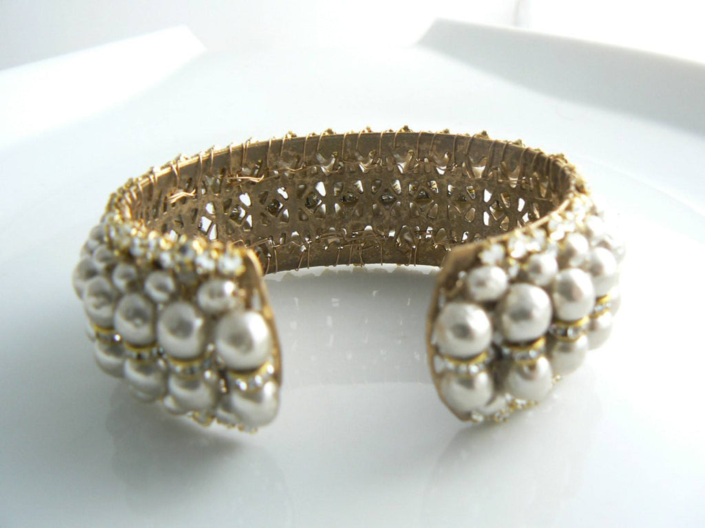 Miriam Haskell Baroque Pearl and Rhinestone Cuff Bracelet - Vintage Lane Jewelry