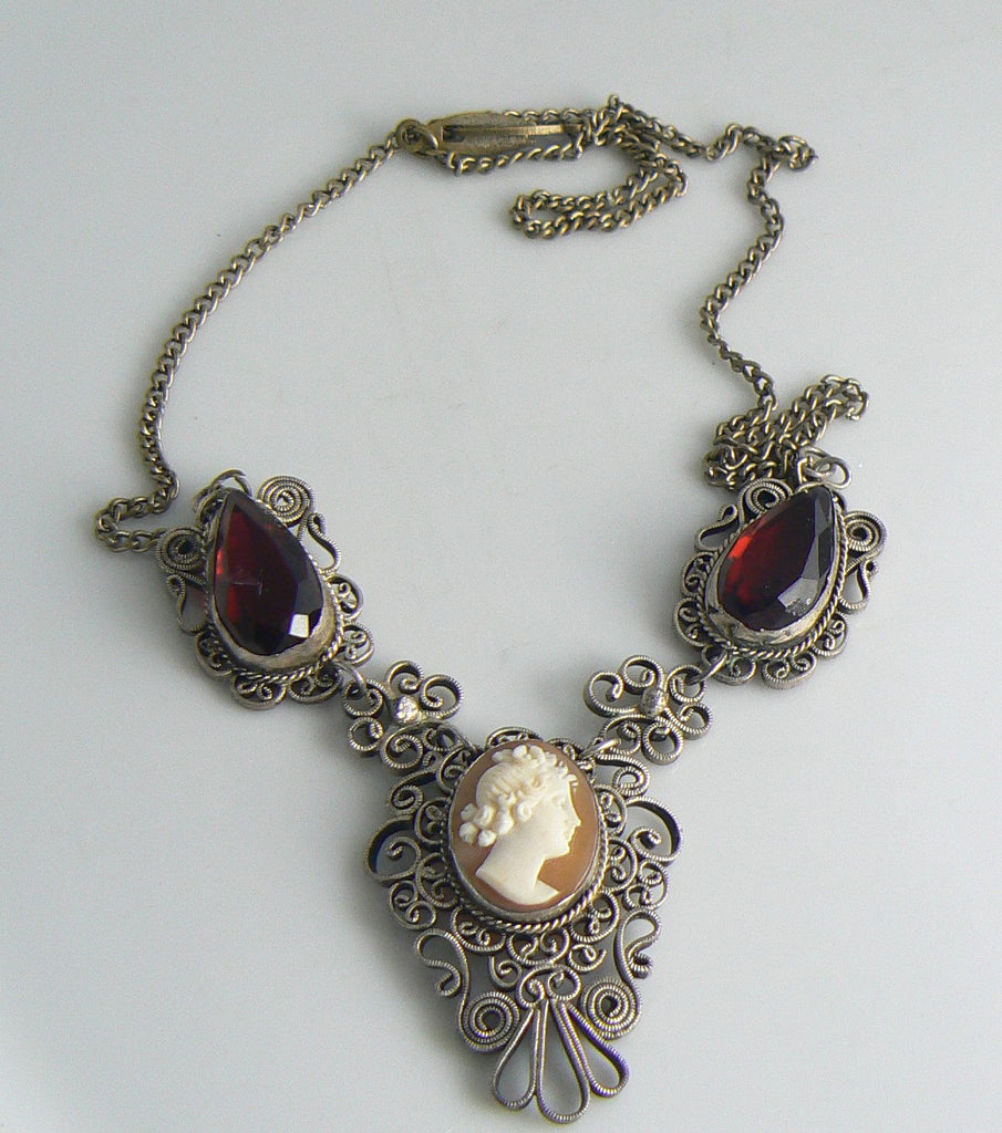 Filigree Shell Cameo Necklace With Ruby Glass Stones