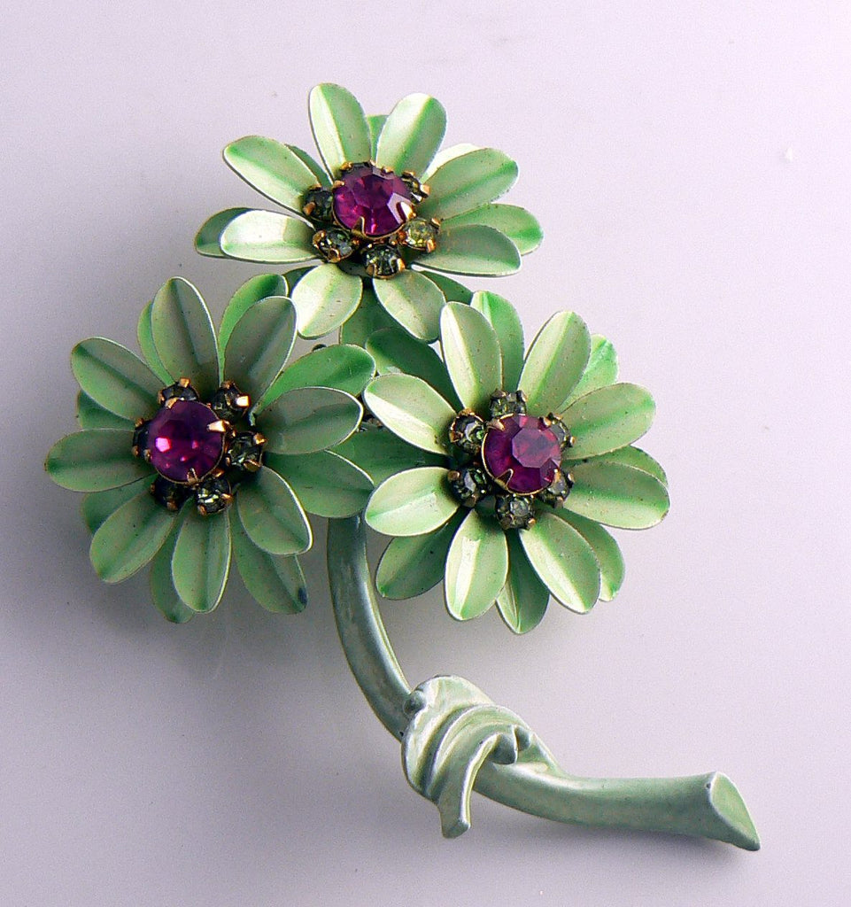 Green Enamel Flower with Pink Rhinestones