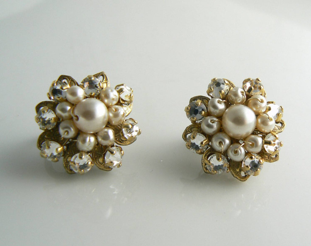 Miriam Haskell Glass Pearl and Rose Montee Earrings