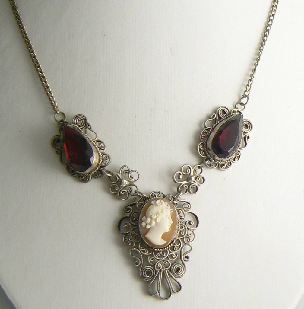 Filigree Shell Cameo Necklace With Ruby Glass Stones - Vintage Lane Jewelry
