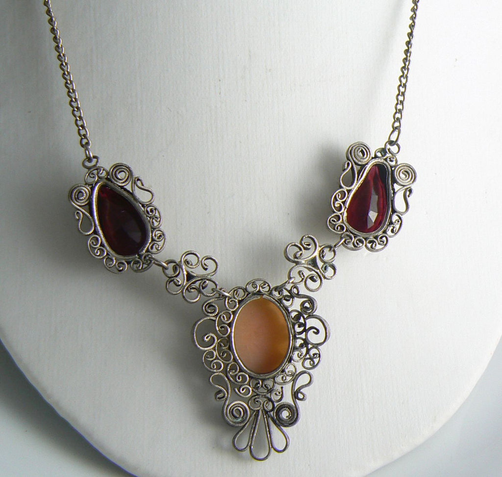 Filigree Shell Cameo Necklace With Ruby Glass Stones - Vintage Lane Jewelry