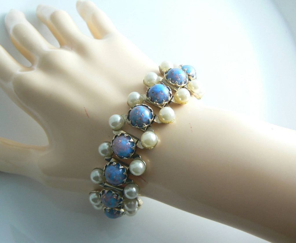 Blue Confetti Glass Bead Faux Pearl Bracelet Earring Set - Vintage Lane Jewelry