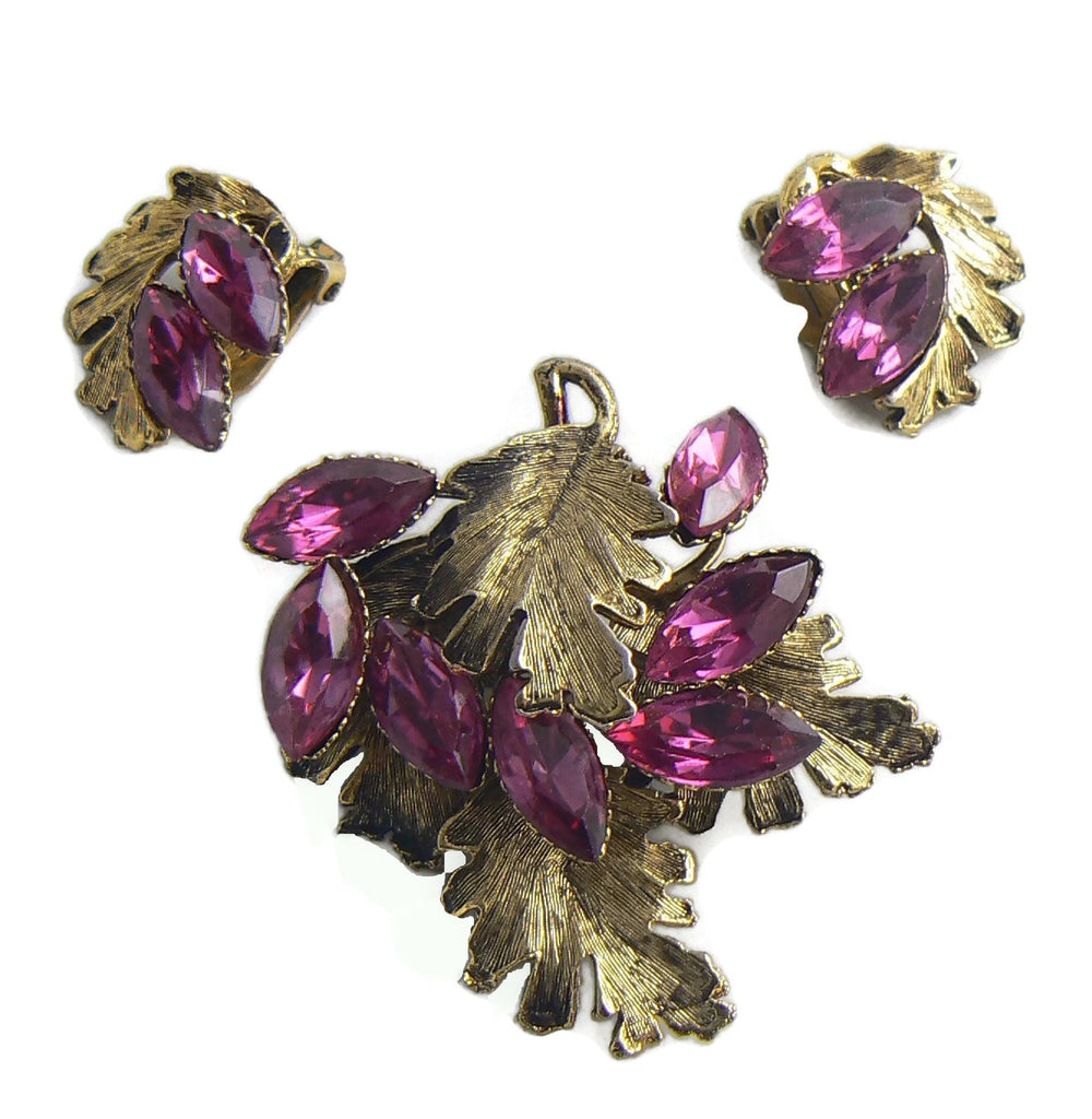 Fuchsia Pink Rhinestone Golden Leaves Pin Earring Set