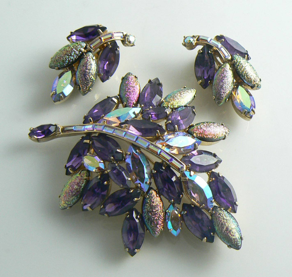 Hollycraft Purple Rhinestone Foil Cabochon Demi Parure
