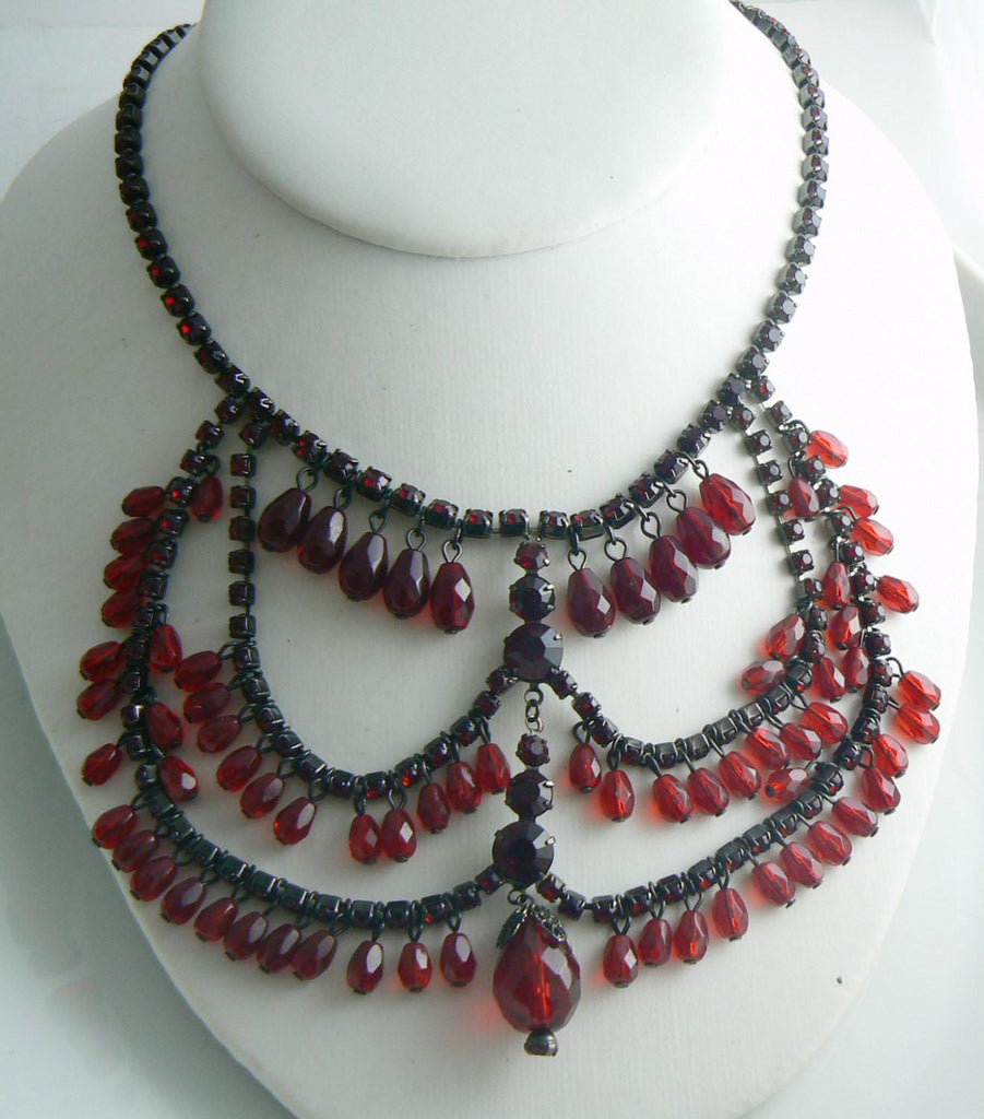 Miriam Haskell Red Rhinestone Crystal Festoon Necklace - Vintage Lane Jewelry