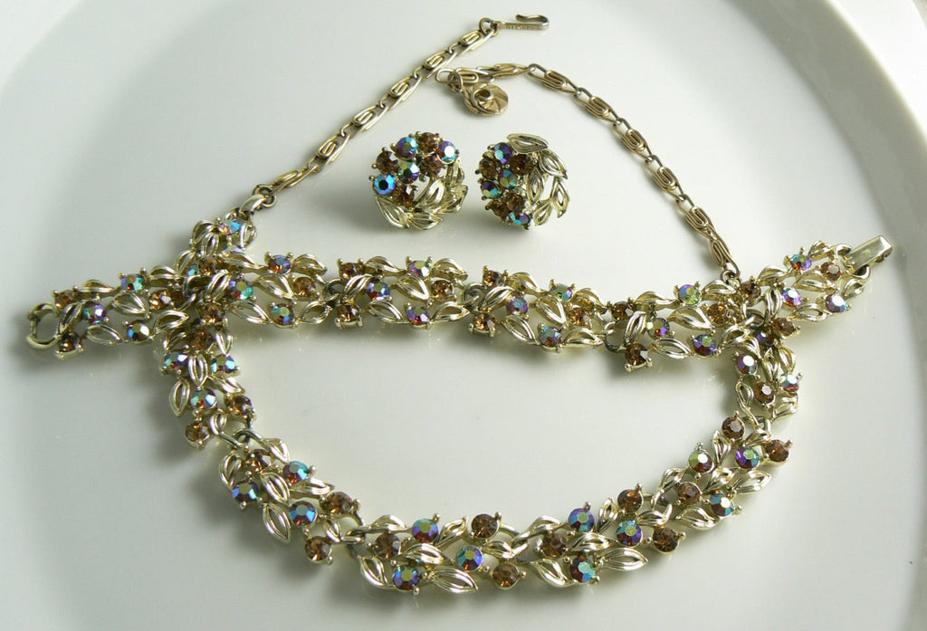 Lisner Amber Rhinestone Leaf Parure