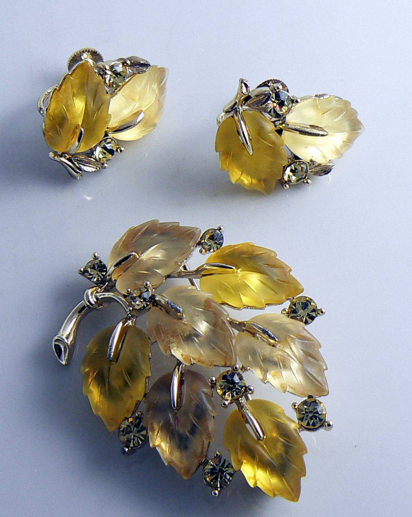 Lisner Molded Lucite Leaves Demi Parure - Vintage Lane Jewelry
