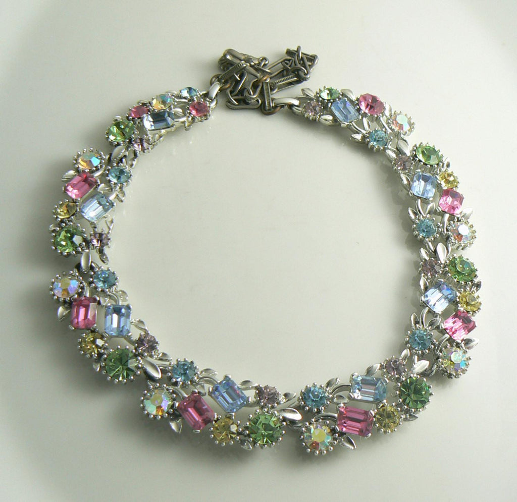 Pastel Rhinestone Silver Tone Necklace