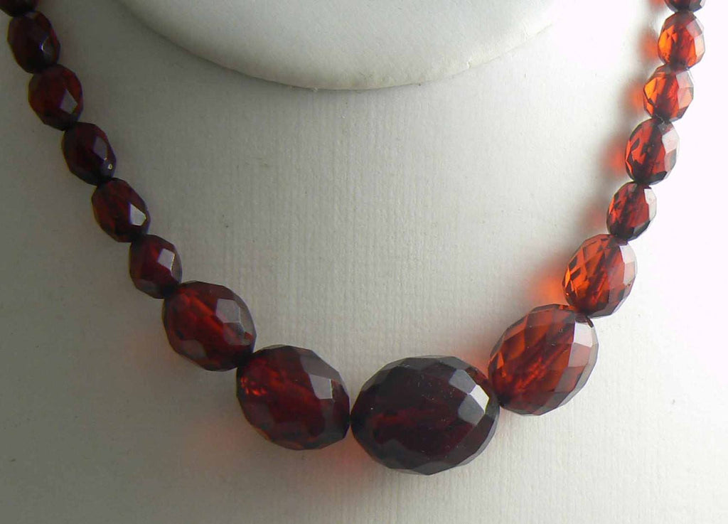 Antique Vintage Cherry Amber Bakelite Art Deco Faceted Necklace - Vintage Lane Jewelry