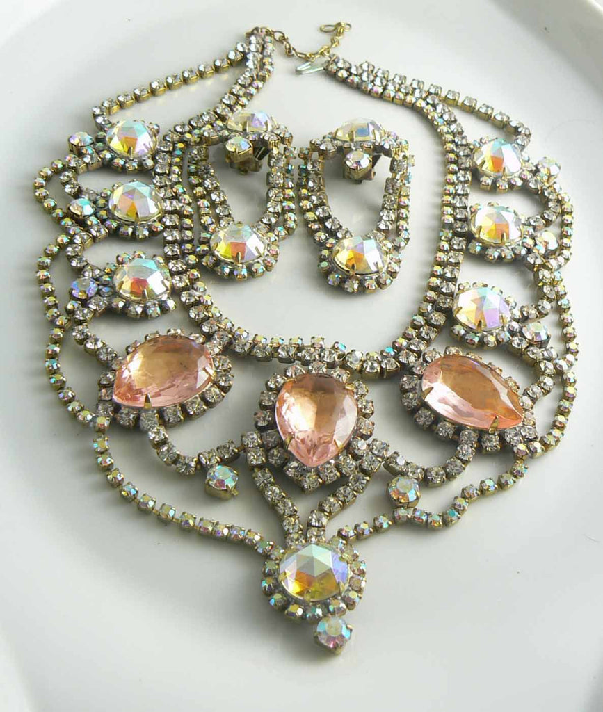 Czech Glass Statement Peach AB Necklace Earrings