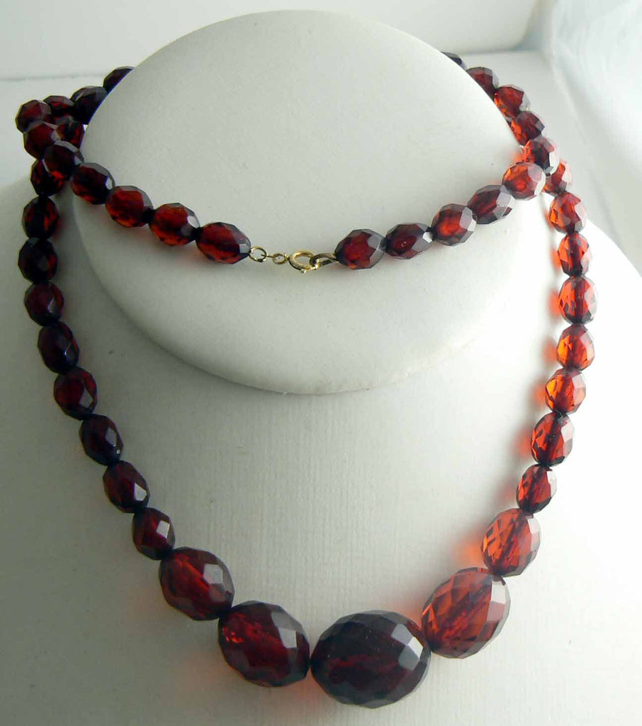 Antique Vintage Cherry Amber Bakelite Art Deco Faceted Necklace - Vintage Lane Jewelry