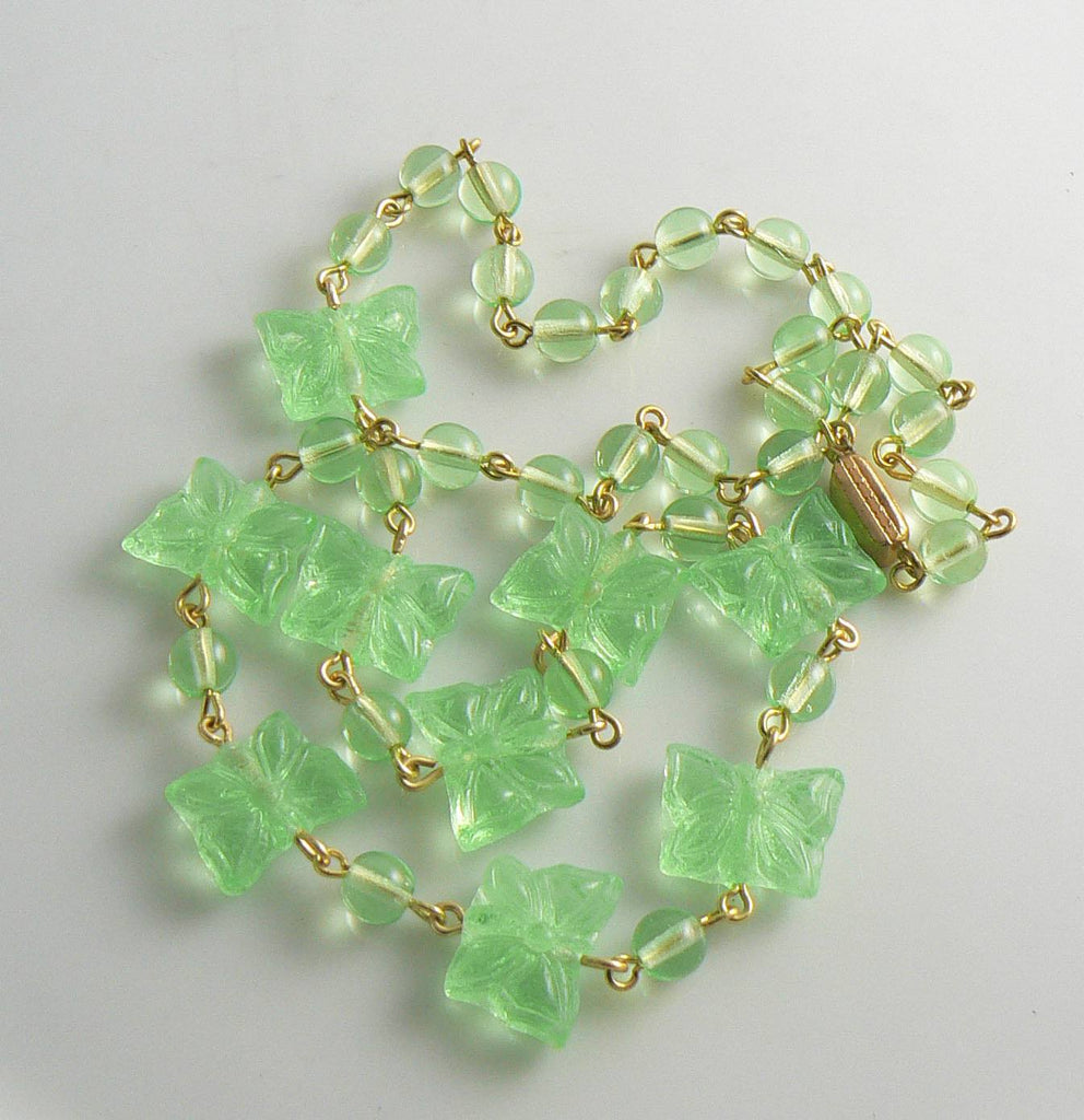 Czech Glass Vaseline Uranium Glass Butterfly Necklace