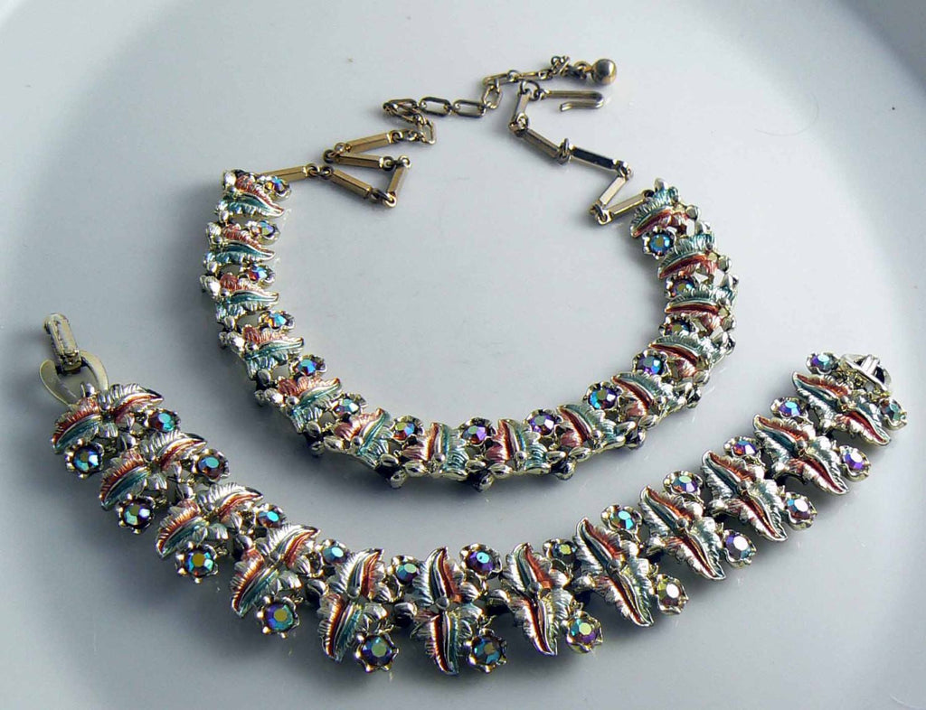 Vintage Copper Green Enamel Rhinestone Necklace and Bracelet Set