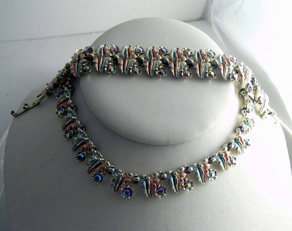 Vintage Copper Green Enamel Rhinestone Necklace and Bracelet Set - Vintage Lane Jewelry