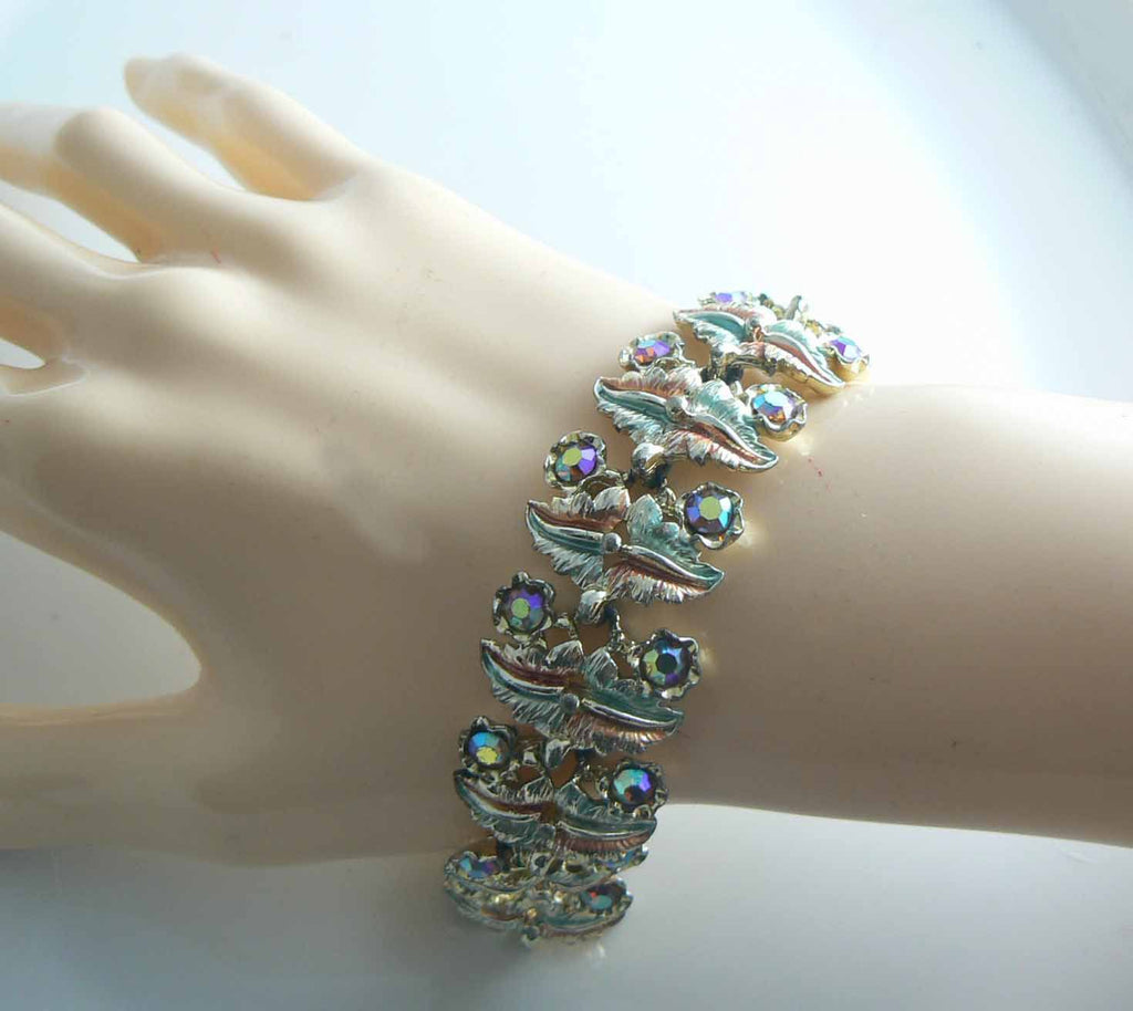 Vintage Copper Green Enamel Rhinestone Necklace and Bracelet Set - Vintage Lane Jewelry