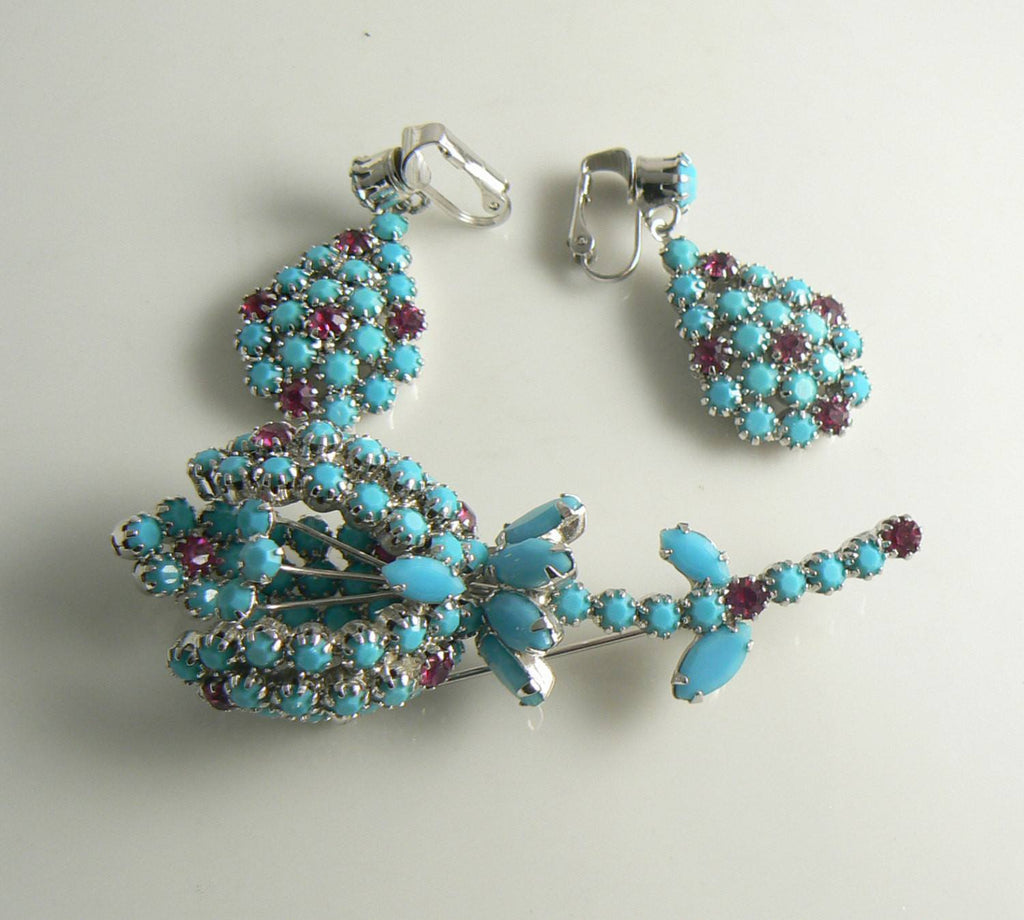 Kramer Opaque Turquoise Ruby Rhinestone Flower Brooch Earrings Set