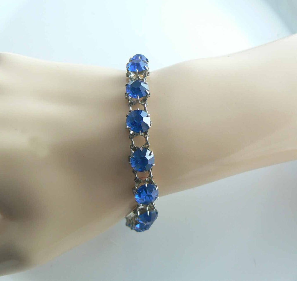 Sterling Blue Sapphire Color Prong Set Rhinestone Bracelet - Vintage Lane Jewelry