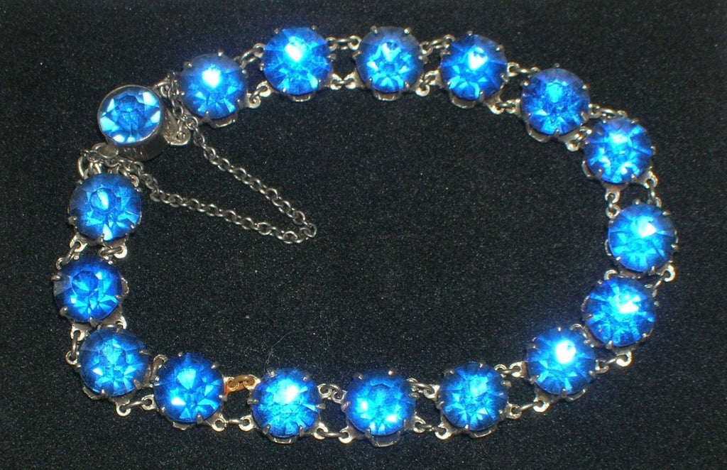 Sterling Blue Sapphire Color Prong Set Rhinestone Bracelet - Vintage Lane Jewelry