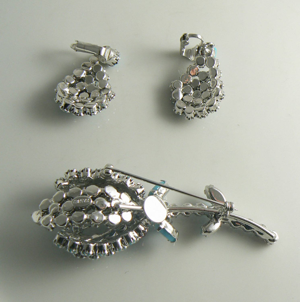 Kramer Opaque Turquoise Ruby Rhinestone Flower Brooch Earrings Set - Vintage Lane Jewelry