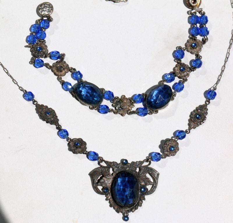 Vintage Czech Sapphire Glass Filigree Necklace Bracelet Set