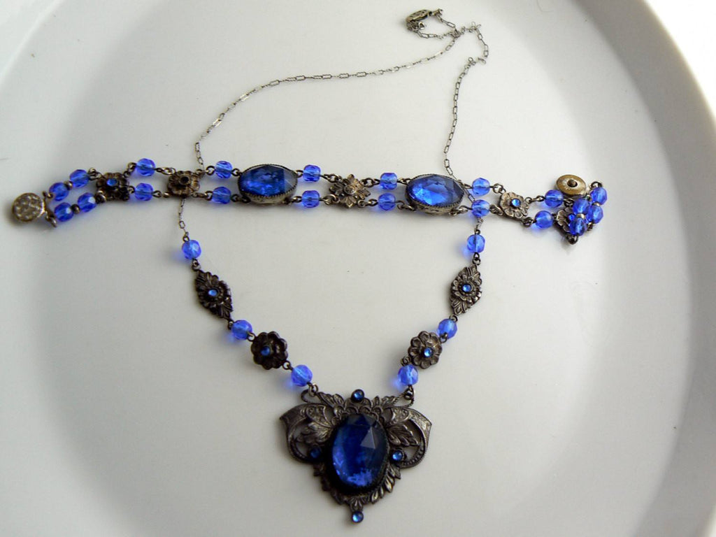 Vintage Czech Sapphire Glass Filigree Necklace Bracelet Set - Vintage Lane Jewelry
