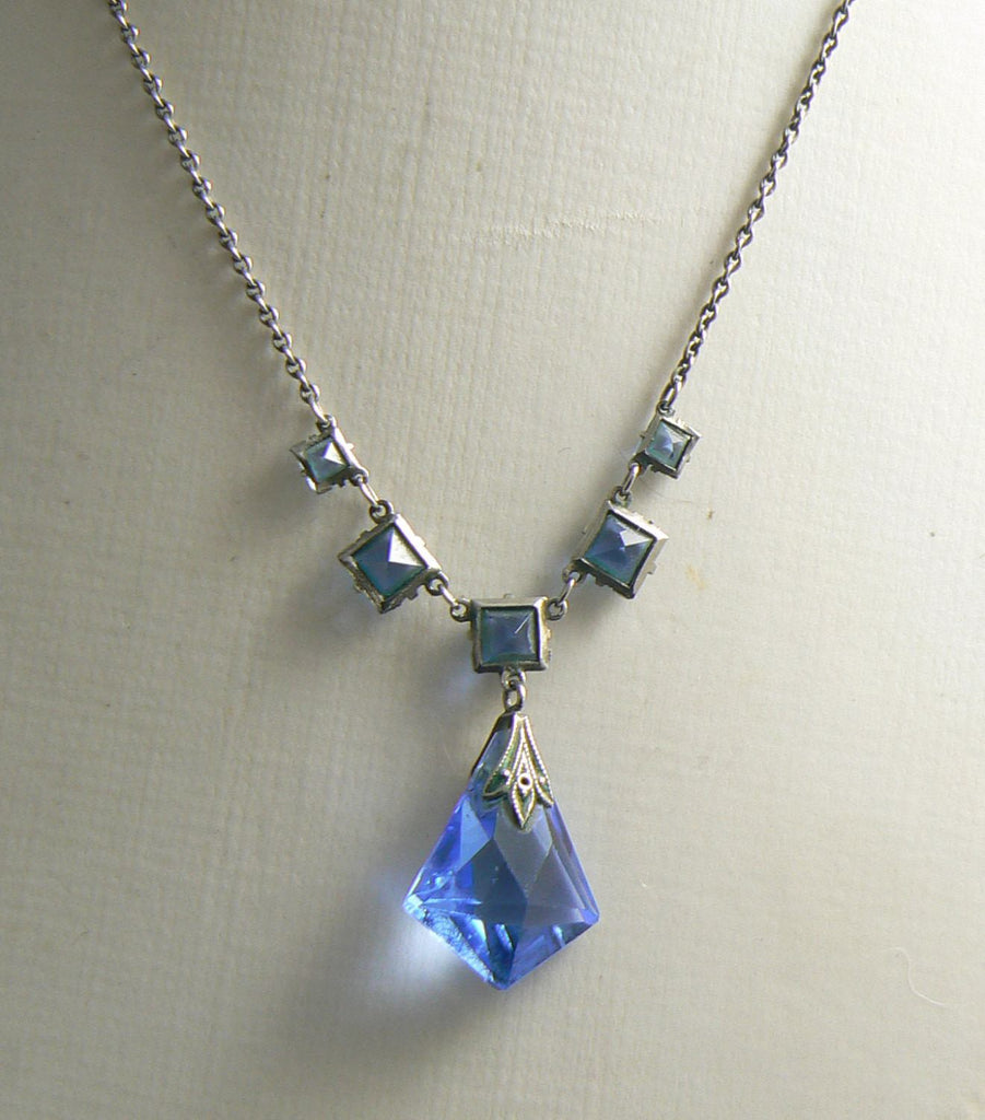 Art Deco Platinin Sapphire Glass Open Back Drop Pendant - Vintage Lane Jewelry