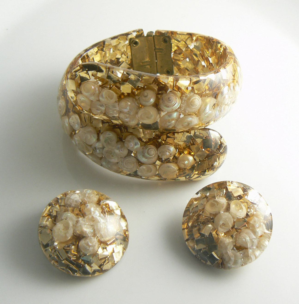 Vintage Shell Gold Confetti Lucite Clamper and Earrings