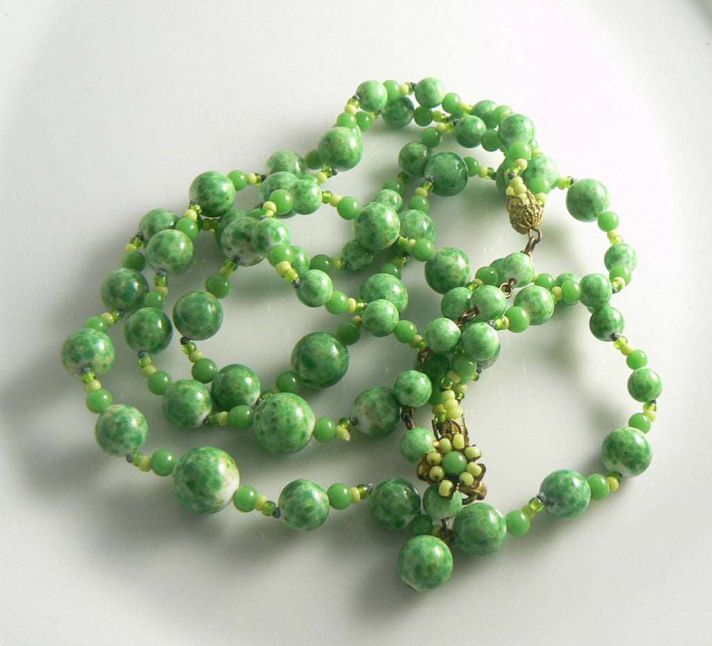 Miriam Haskell Green Mottled Glass Bead Necklace