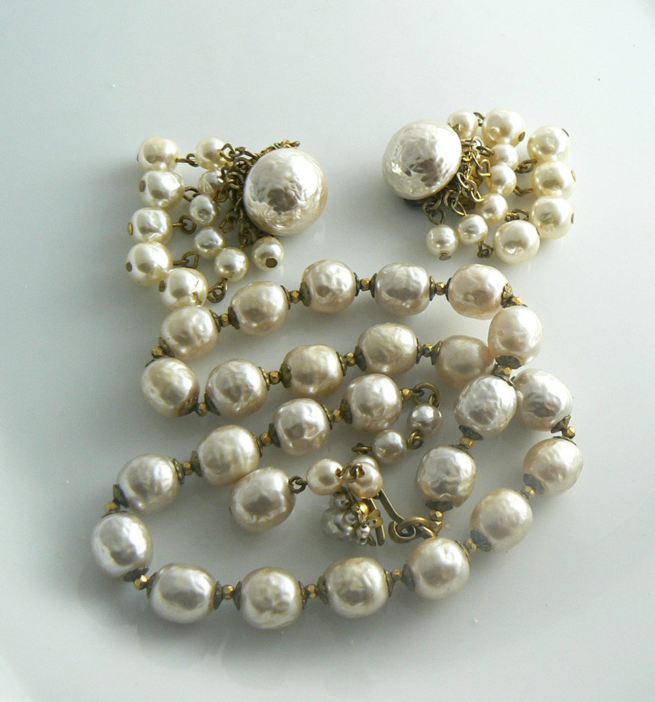 Miriam Haskell Baroque Glass Pearl Necklace and Large Dangle Earrings