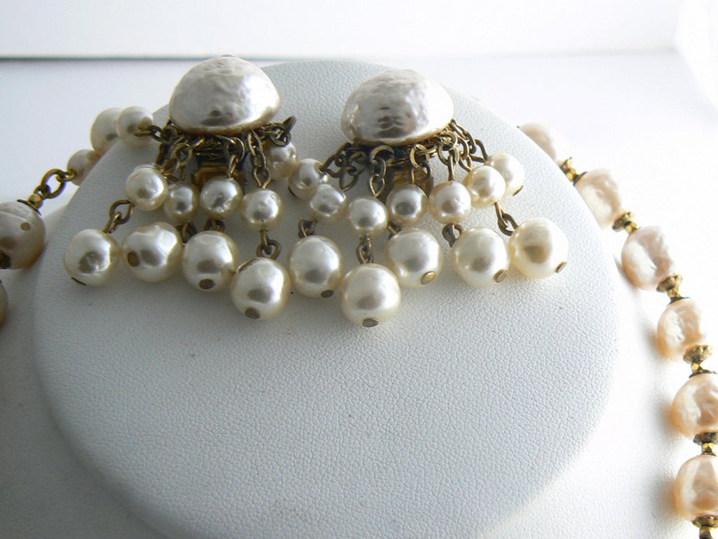 Miriam Haskell Baroque Glass Pearl Necklace and Large Dangle Earrings - Vintage Lane Jewelry