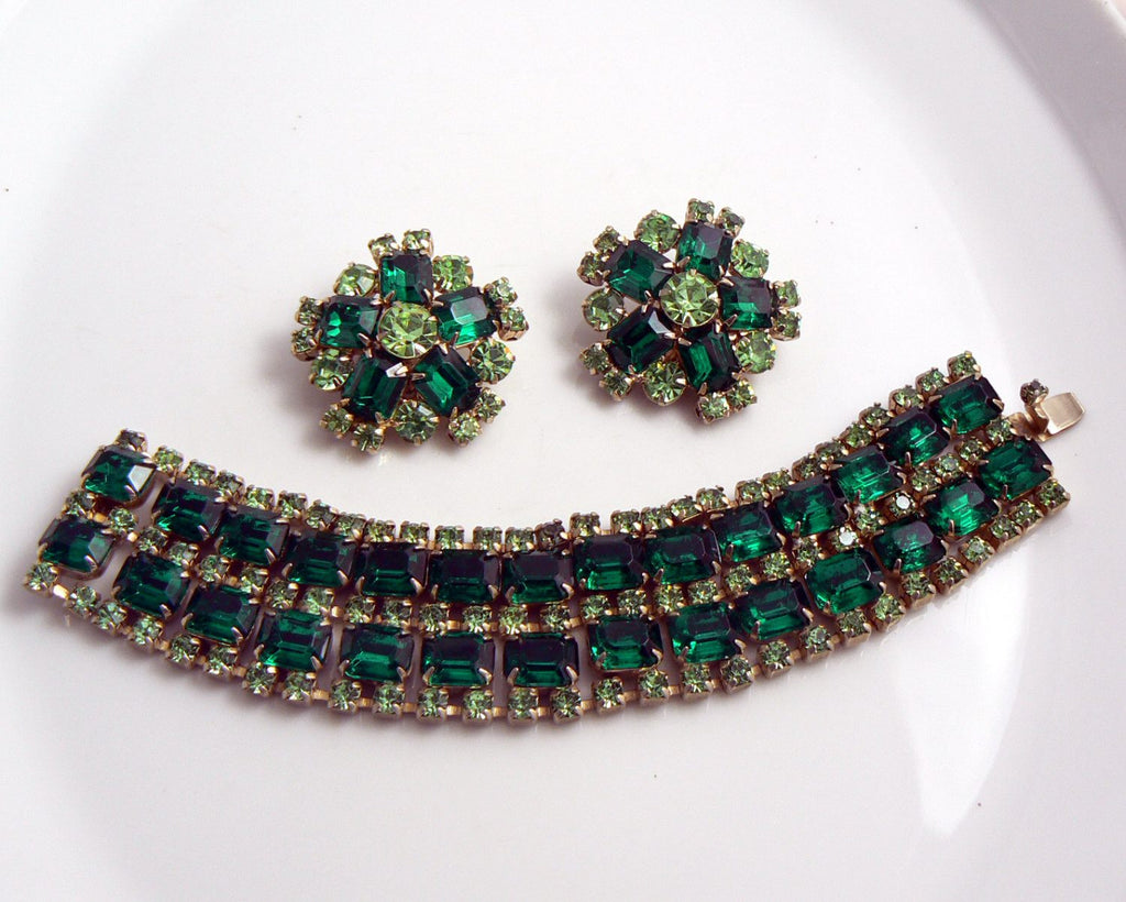 Emerald & Peridot Green Rhinestone Vintage Bracelet Earring Set