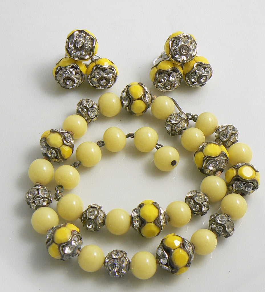 Vogue Yellow Glass Bead and Rhinestone Vintage Necklace Earring Set