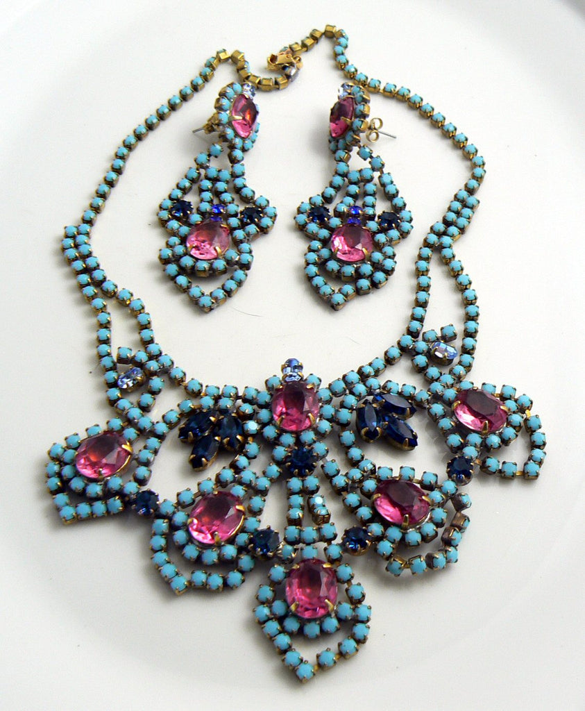 Beautiful Taboo Czech Glass Opaque Blue Pink Rhinestone Necklace Earring Set
