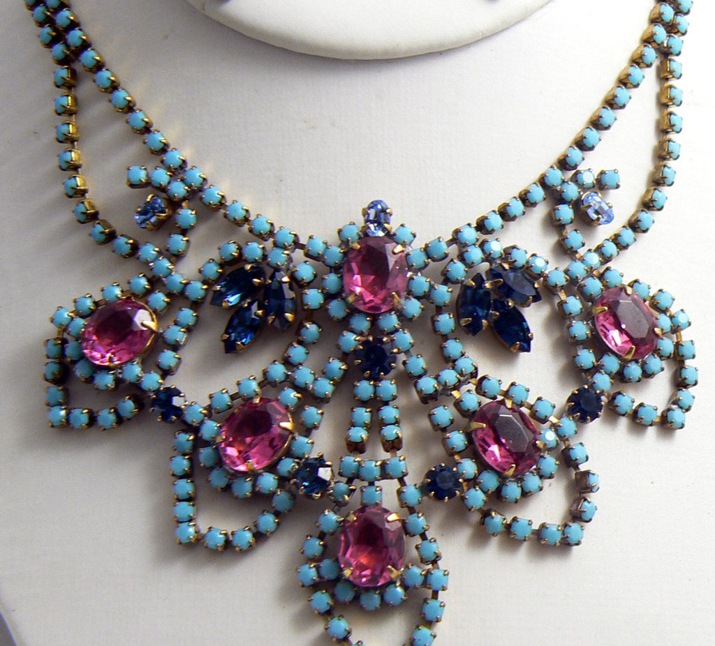Beautiful Taboo Czech Glass Opaque Blue Pink Rhinestone Necklace Earring Set - Vintage Lane Jewelry