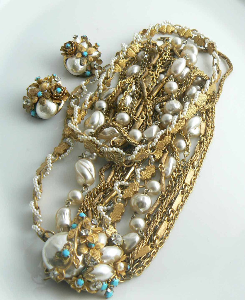 Early Miriam Haskell Gold Chain & Baroque Pearl Necklace Earring Set - Vintage Lane Jewelry