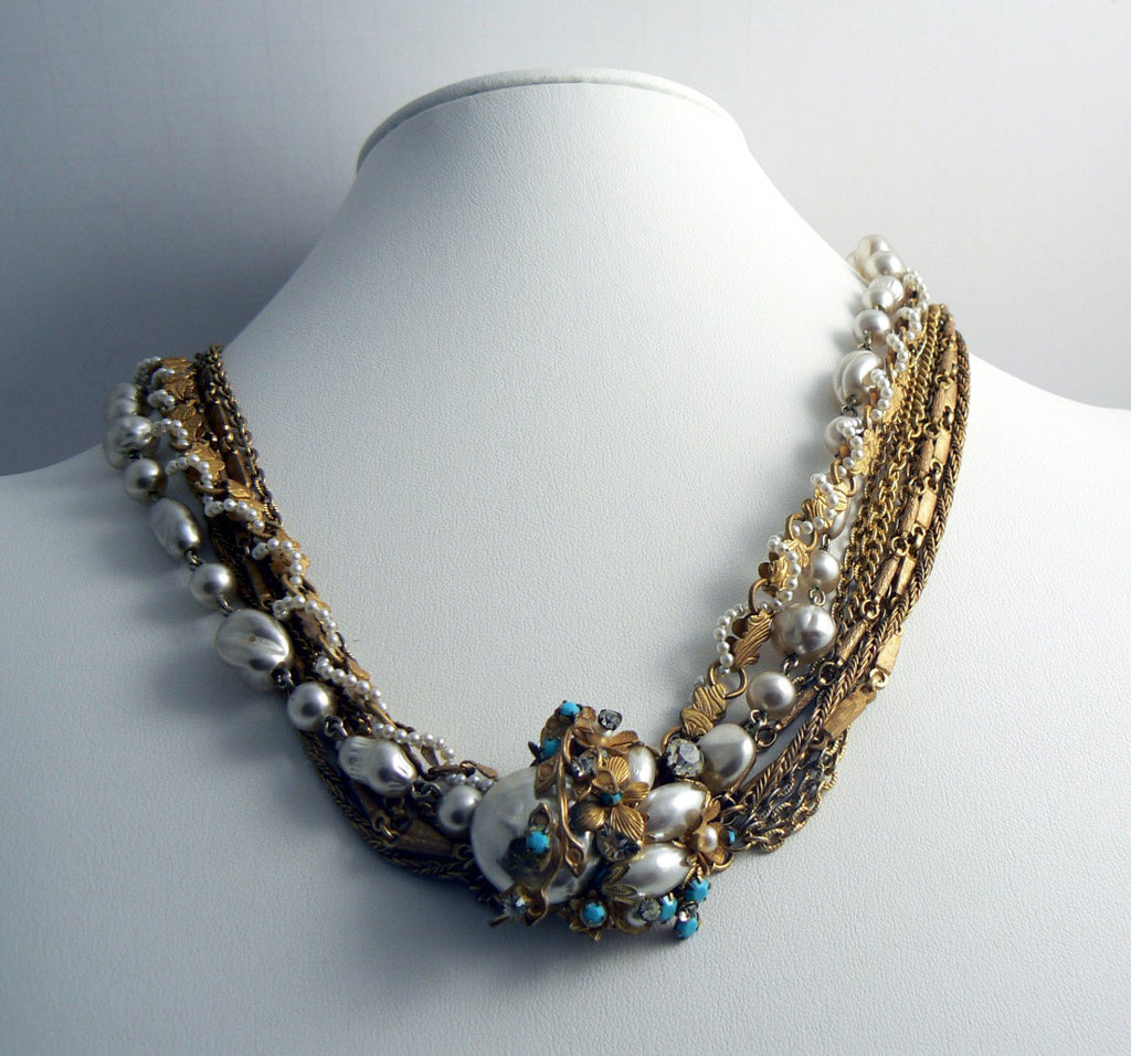 Early Miriam Haskell Gold Chain & Baroque Pearl Necklace Earring Set - Vintage Lane Jewelry
