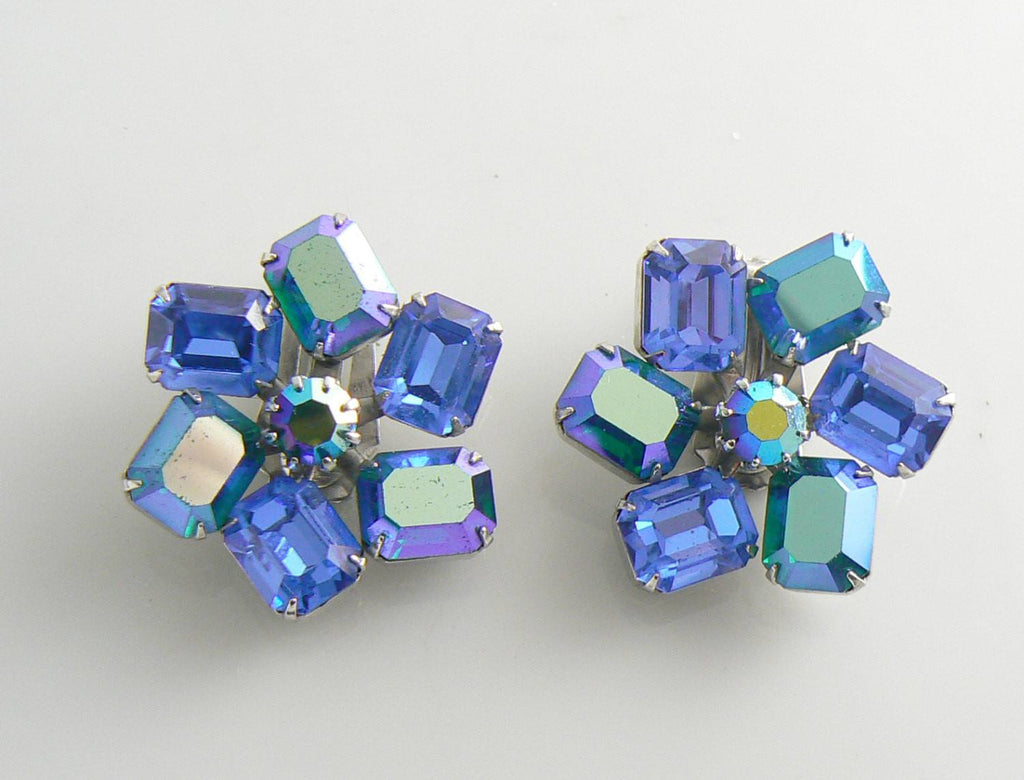 Kramer Blue Aurora Borealis Rhinestone Clip Earrings