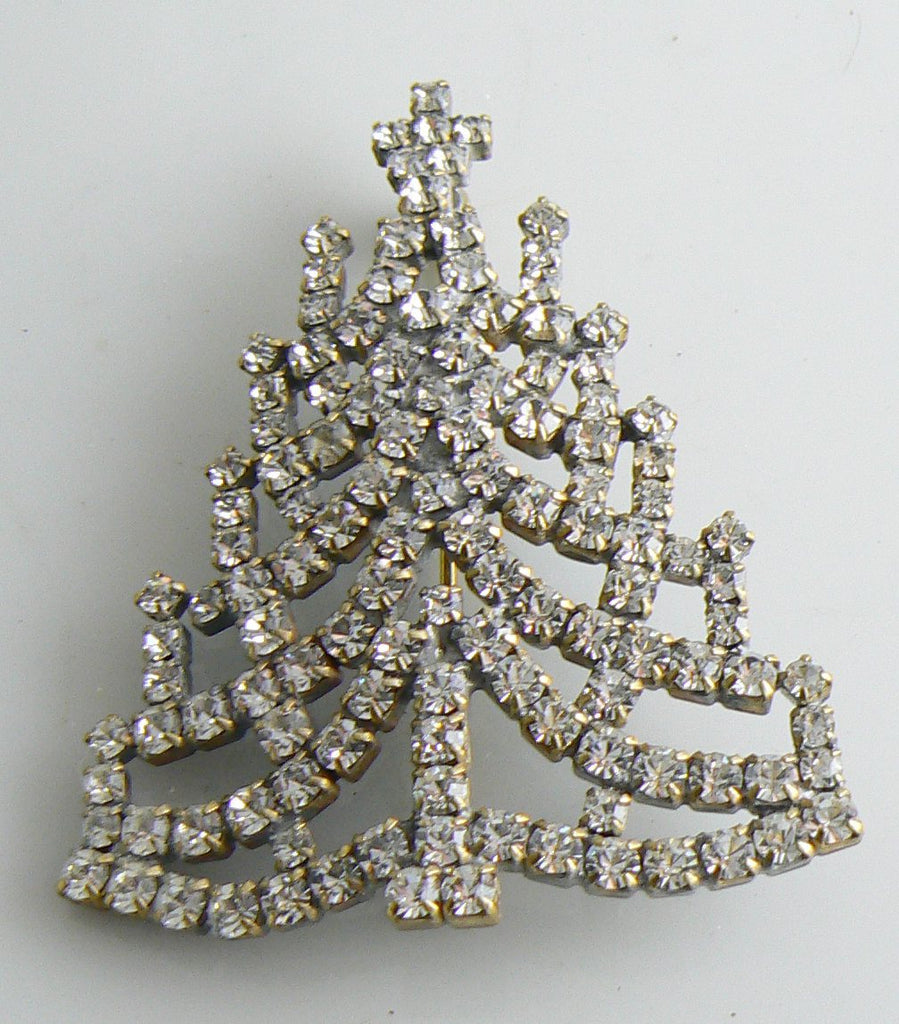 Czech Glass Clear Rhinestone Christmas Tree Brooch, Xmas Pin, Holiday Brooch