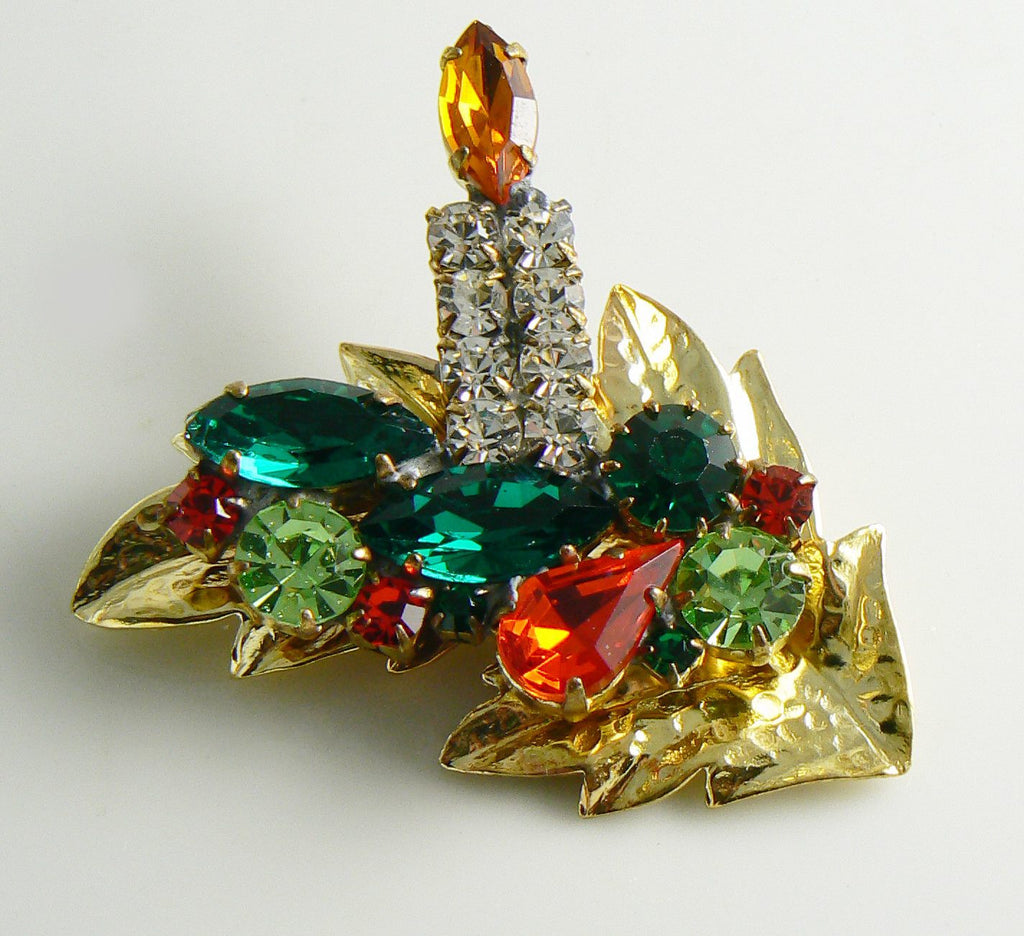 Czech Glass Holiday Rhinestone Candle Brooch, xmas pin