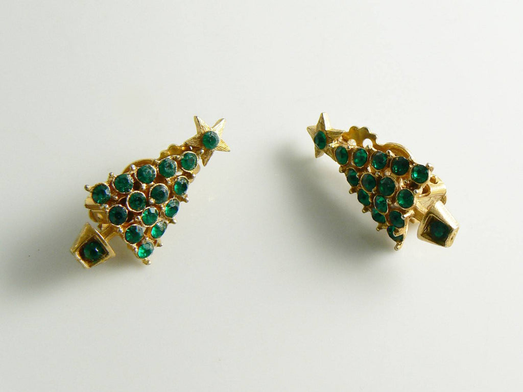 Christmas Tree Green Rhinestone Gold Tone Clip Earrings