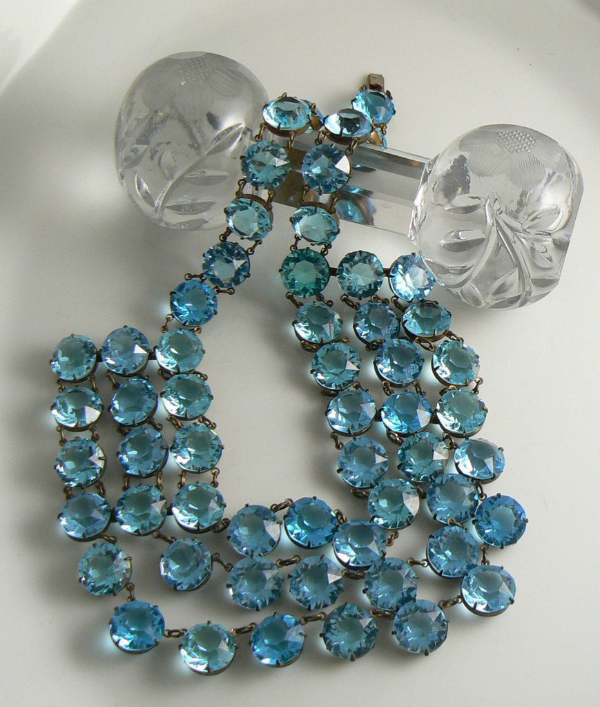 Vintage Art Deco 3 Strand Open Back Blue Glass Rhinestone Bib Necklace
