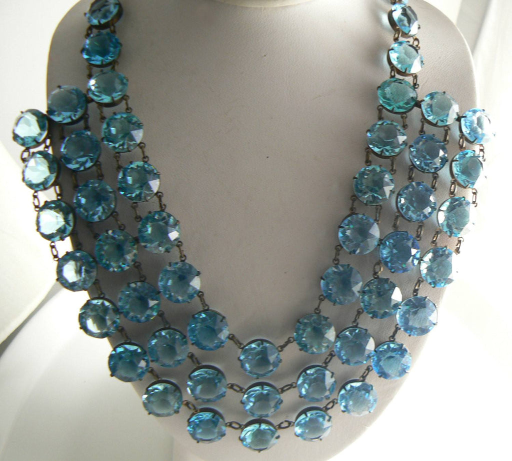 Vintage Art Deco 3 Strand Open Back Blue Glass Rhinestone Bib Necklace - Vintage Lane Jewelry