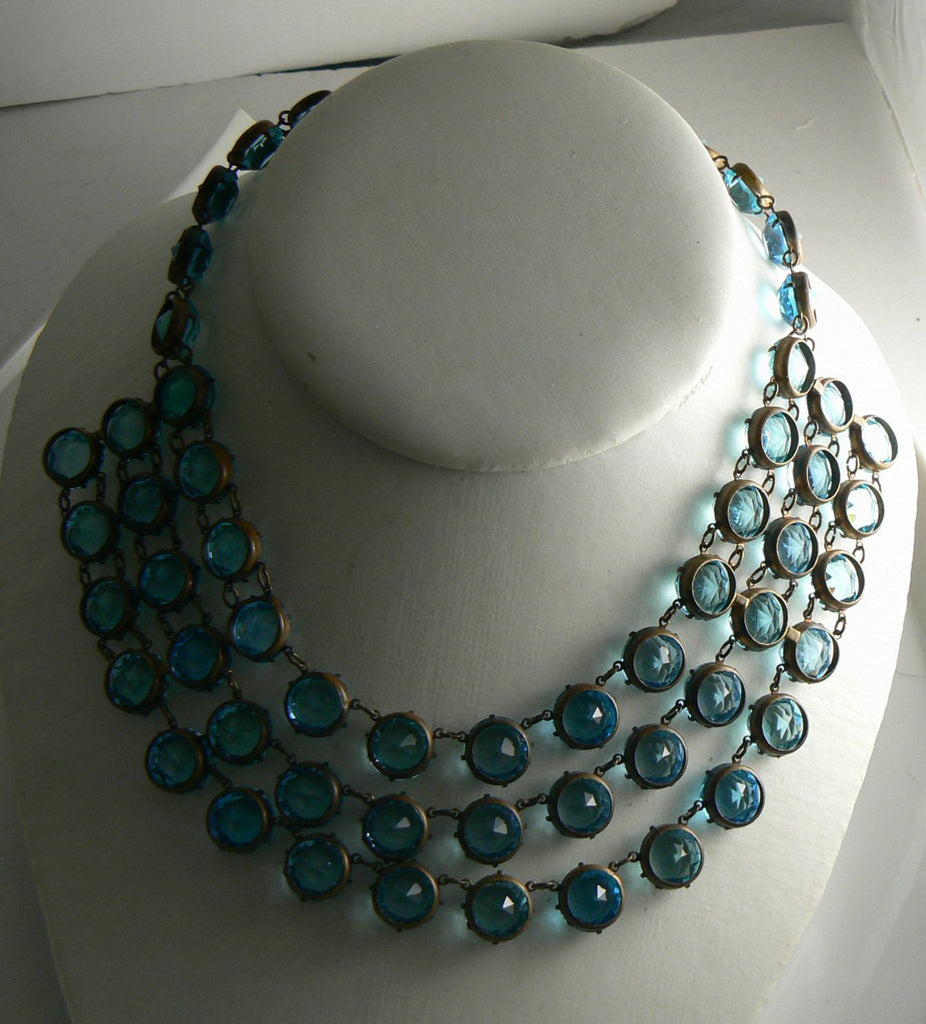 Vintage Art Deco 3 Strand Open Back Blue Glass Rhinestone Bib Necklace - Vintage Lane Jewelry