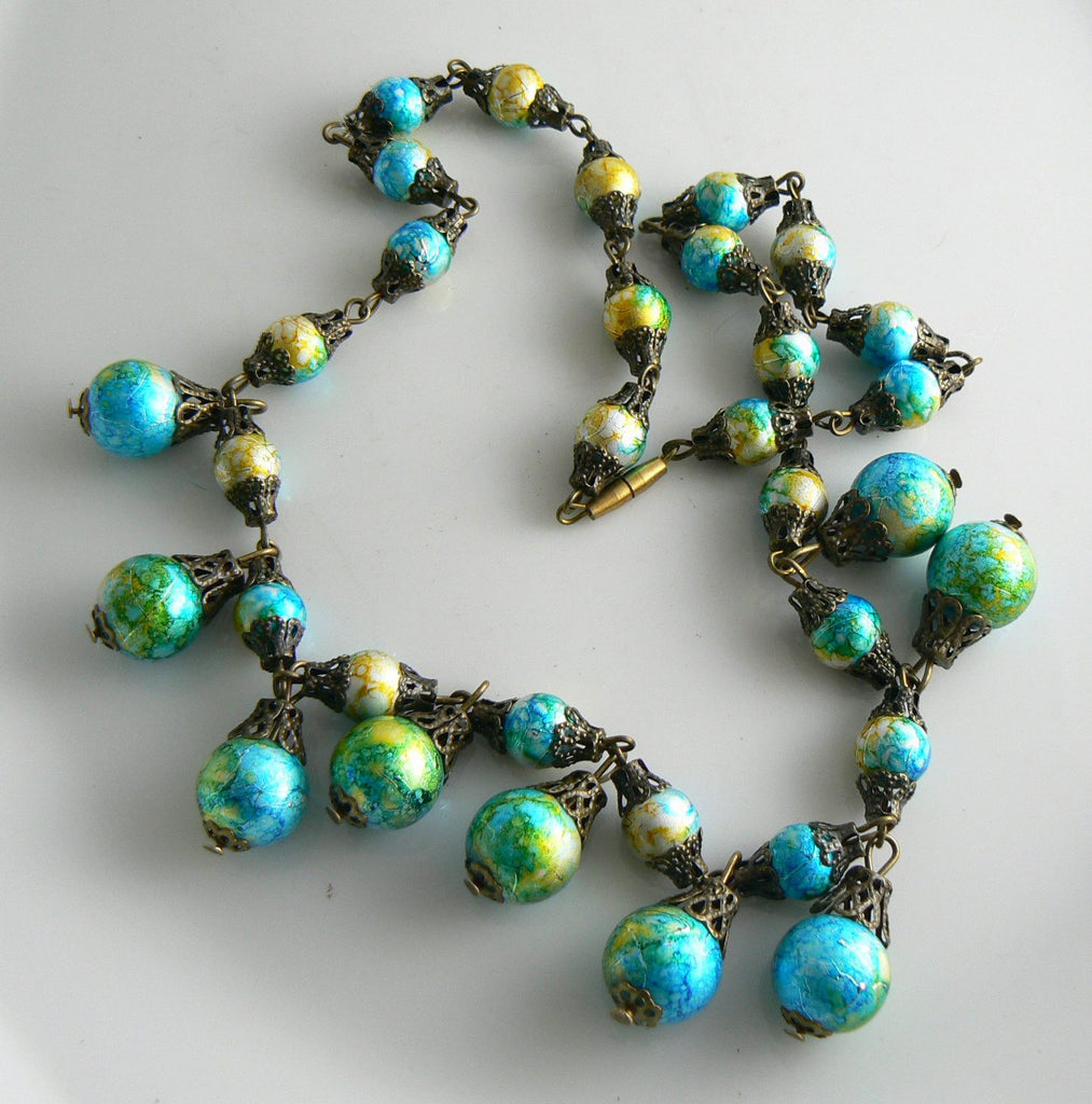 Vintage Blue Yellow Foil Glass Beads Necklace