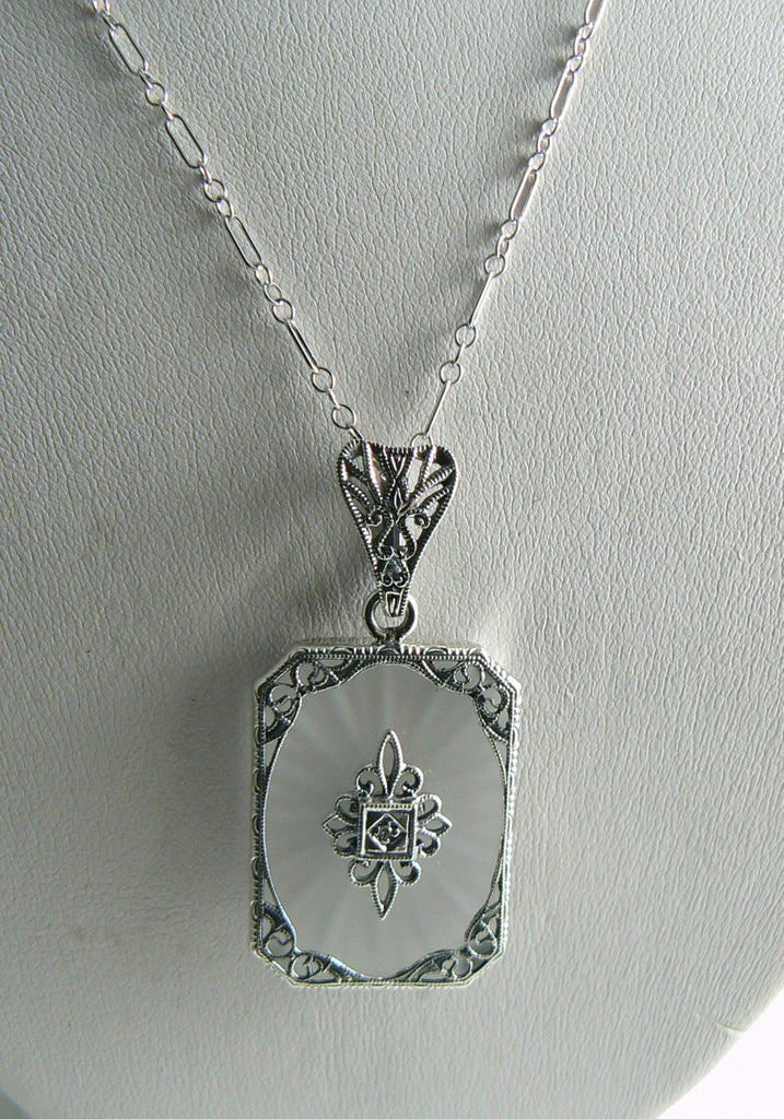 Art Deco Frosted Crystal Camphor Glass Filigree Diamond Pendant Sterling Silver