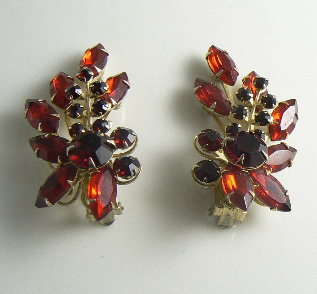 Ruby Red Rhinestone Climber Clip Earrings, Large Red Earrings