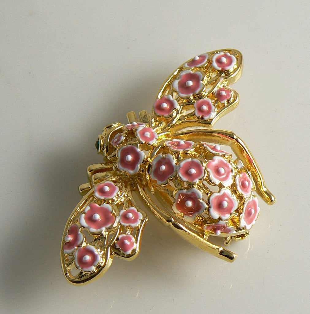 Joan Rivers Cherry Blossom Bumble Bee Brooch, Figural Pin, Large Flower Bee - Vintage Lane Jewelry