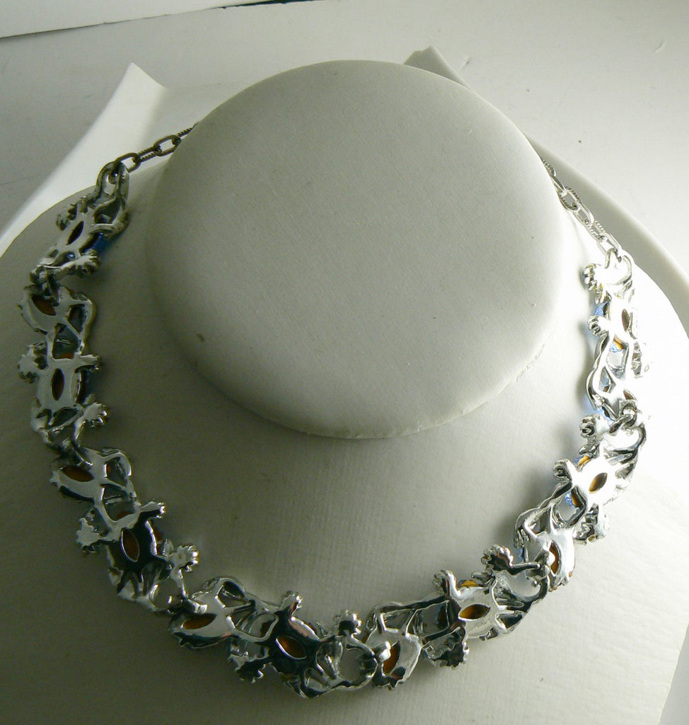 Blue Molded Glass Leaves and Rhinestone Necklace, Signed Art Necklace - Vintage Lane Jewelry